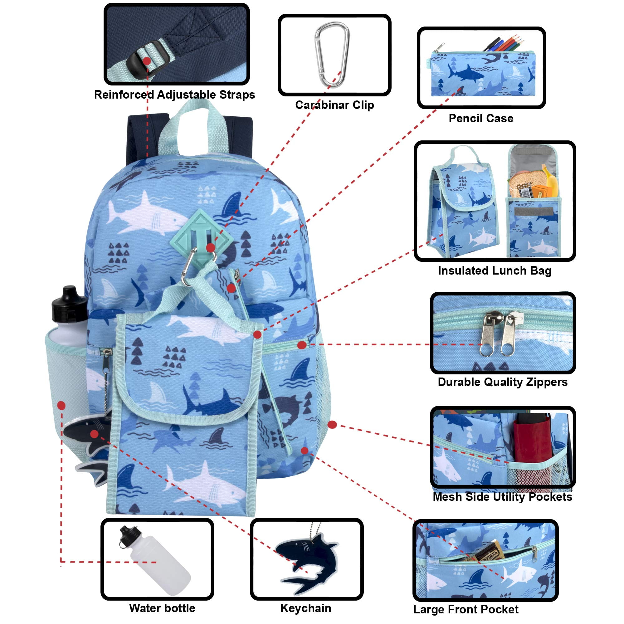 16 Inch Shark Backpack with Lunch Box Set for Boys or Girls, Value