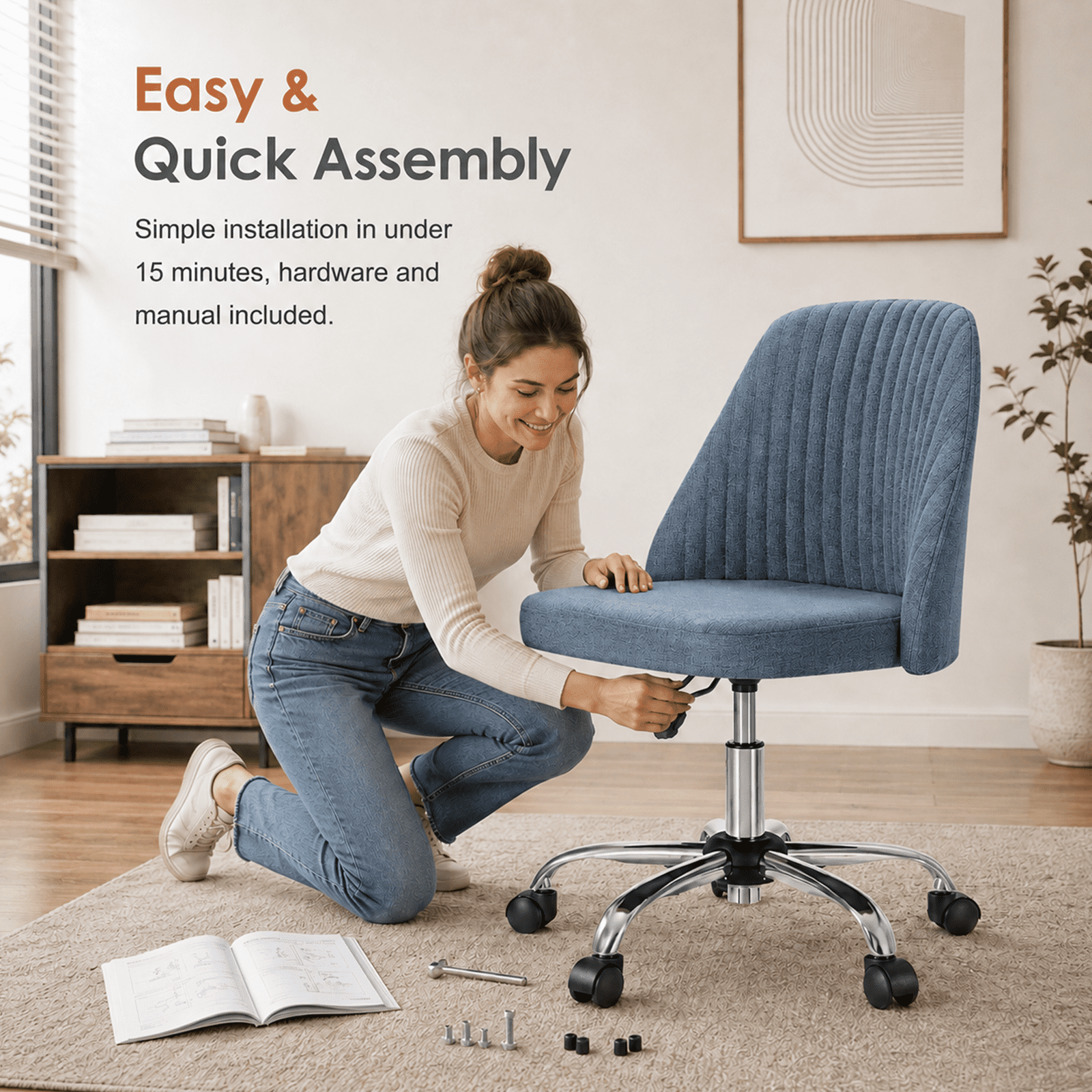 Alvantor Comfy Office Chair, Adjustable Swivel Desk Chair with Wheels, Wide Seating, Modern Fabric Vanity Chair