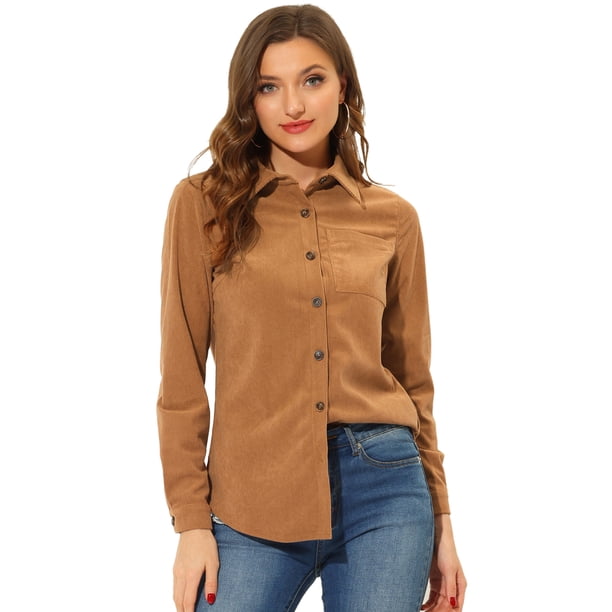 INSPIRE CHIC Camisas de pana para mujer, blusas casuales de manga larga con botones, parte superior marrón M