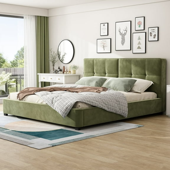 [Luckynote]King Size Velvet Bed Frames, Upholstered Platform Bed with Curved Tufted Headboard, Soft Square Corners, Olive Green