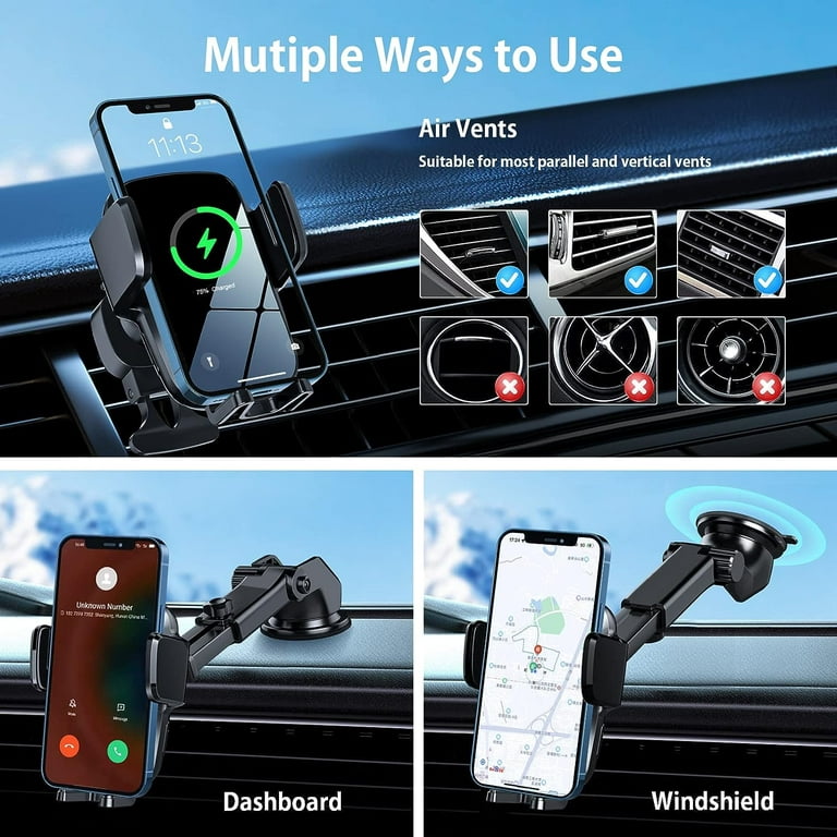 Hoey 3 in 1 Wireless Car Charger, 15W Smart Sensor Auto Clamping Air Vent  Dashboard Windshield Car Phone Charging Holder Mount, Compatible for  iPhone