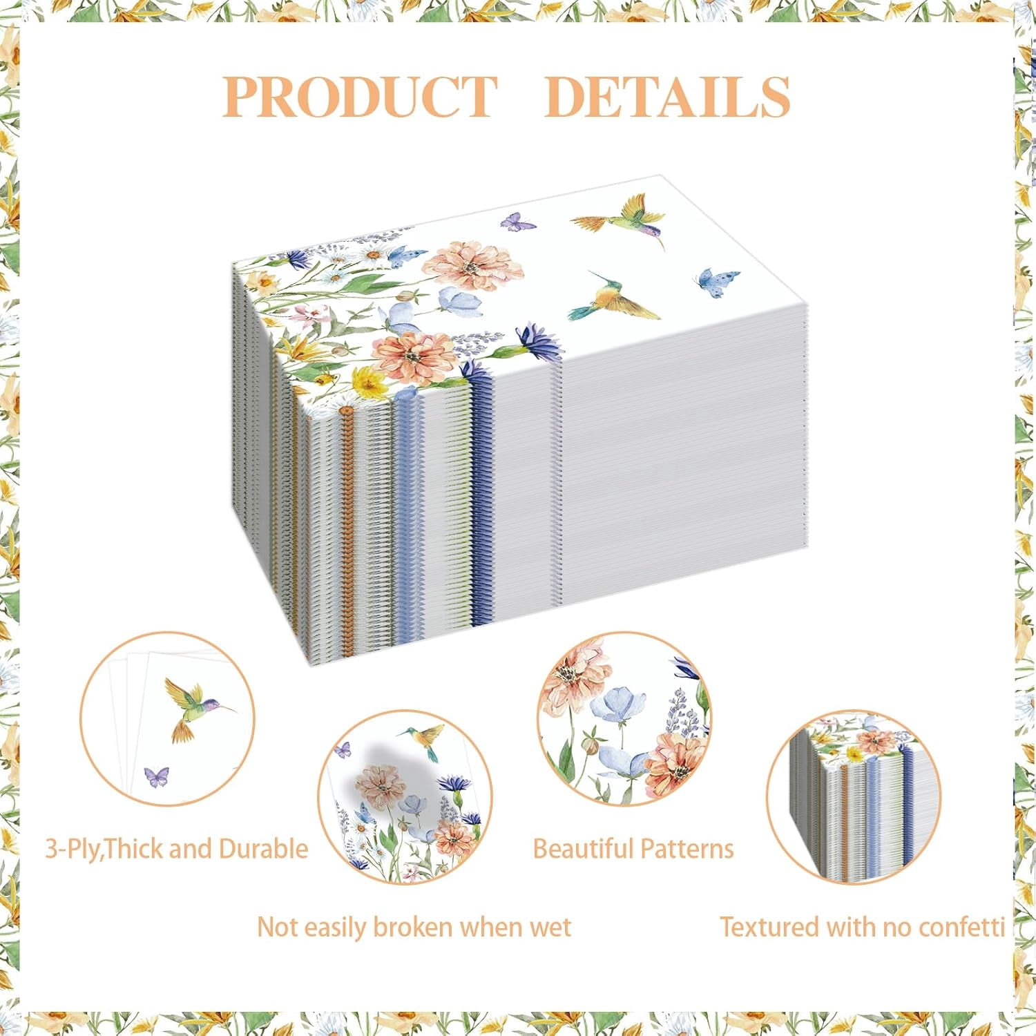 100PCS Floral Paper Napkins 3 Ply Disposable Hand Towels,Wildflower Hummingbird Paper Guest Napkins Dinner Napkins for Wedding Bridal Baby Shower Birthday Tea Party Home Table Decor