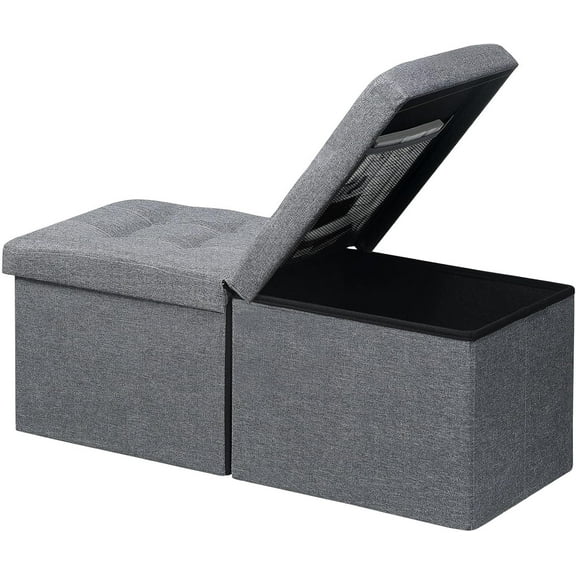 Storage Bench Folding Ottoman Foot Rest Stool, 34 inch Grey Linen Footstool, Short Ottoman Bench, Foot Rest Store as Books, and Blanket Storage or Others