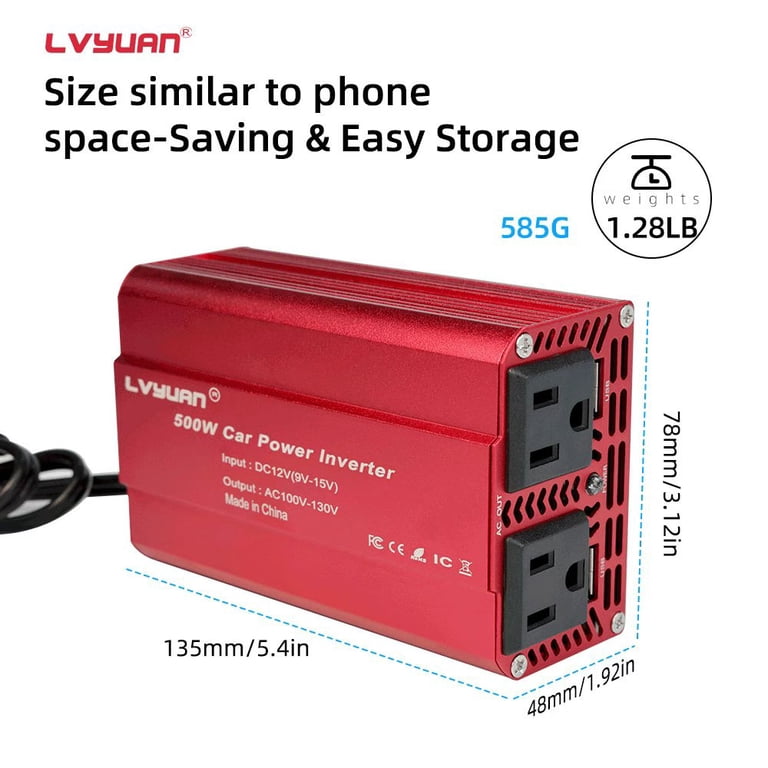 LVYUAN 500W Car Power Inverter, DC 12V to AC 110V Converter, 2 AC 