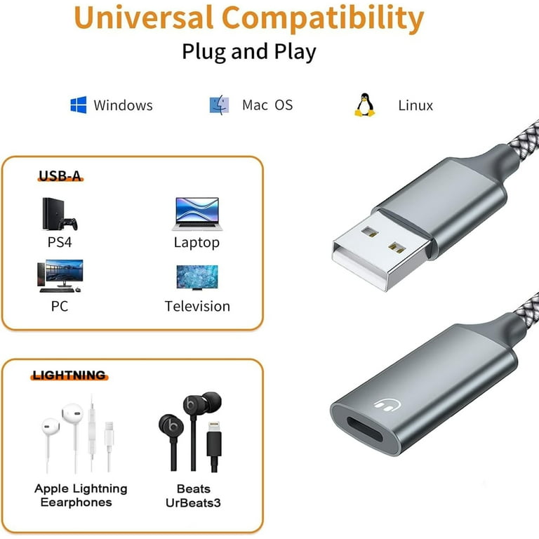 USB A to Lightning Audio Adapter Cable USB 3.0 Male to Lightning Female HiFi Audio Headphones Converter Fit with USB A MacBook Computer PC Support Volume Control Mic Nylon Braided Walmart
