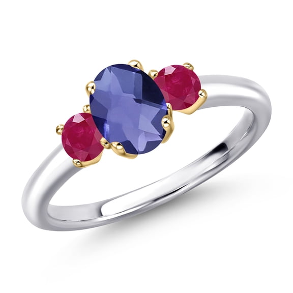Gem Stone King 10K Two Tone Gold Blue Iolite and Red Ruby Engagement Ring for Women | 1.15 Cttw | Oval Checkerboard 7X5MM | Gemstone Birthstone | Size 8
