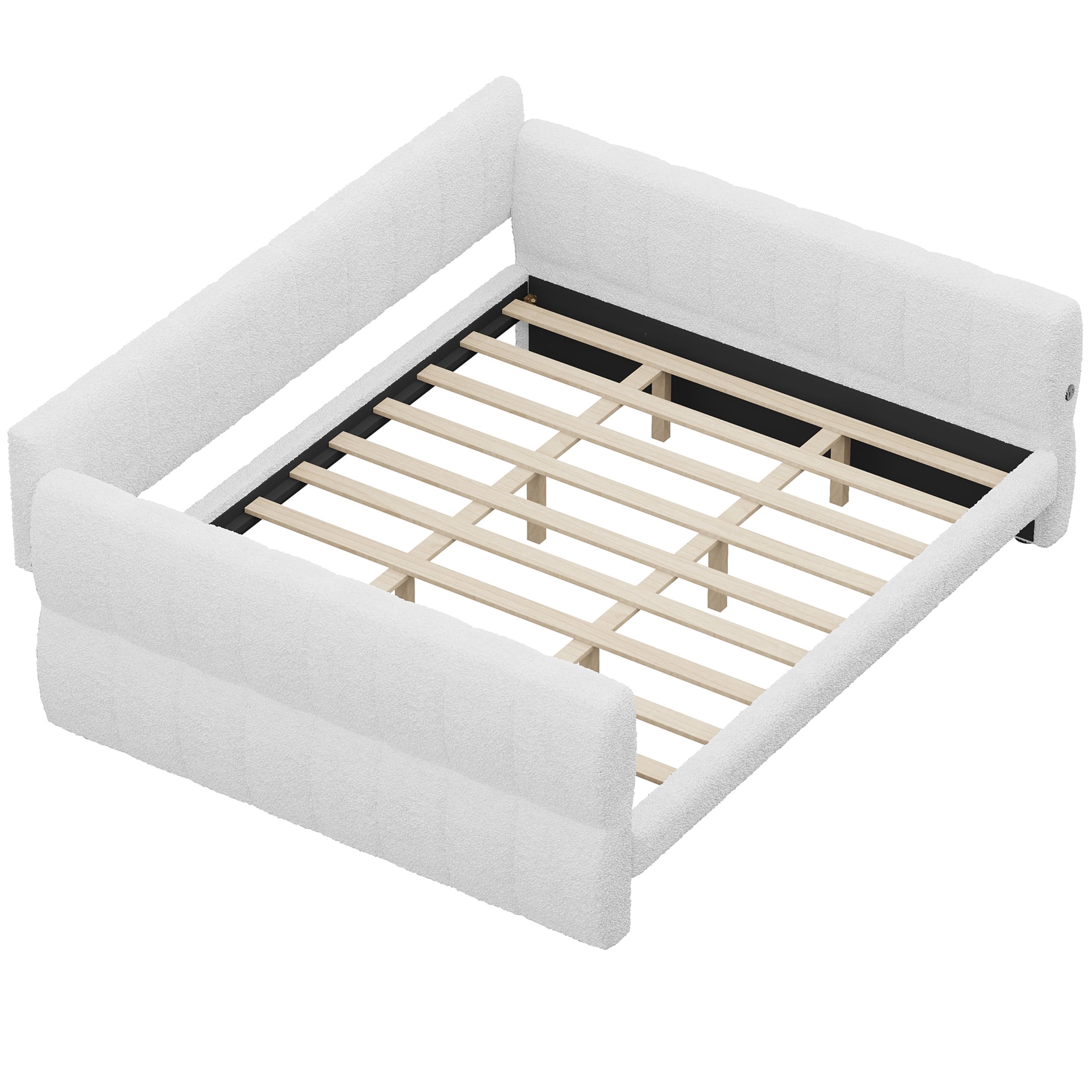 Noble House King Size Lambswool Upholstered Platform Bed, Pine Wood Bed Frame with USB Charging Port, White