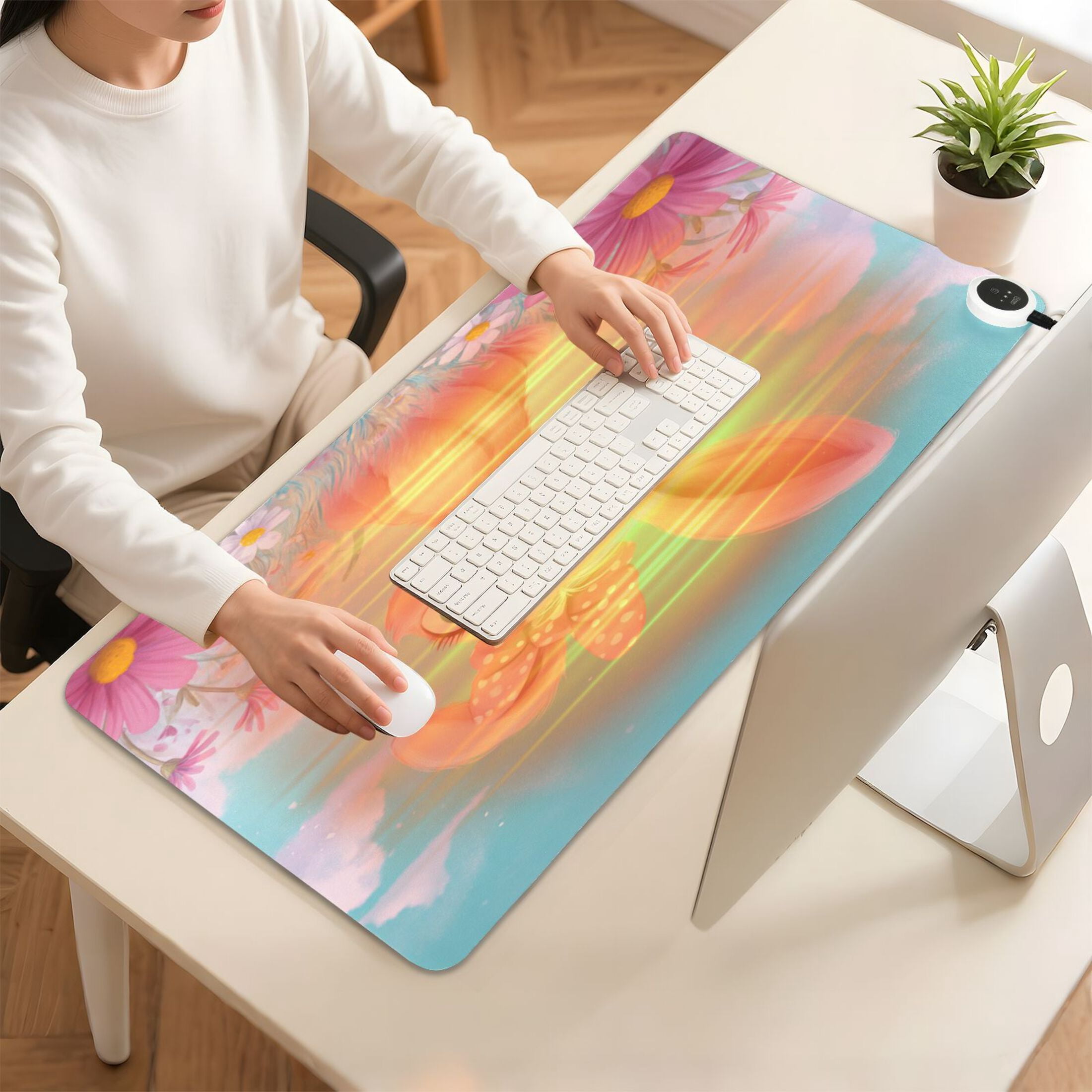 Large Heated Desk Mat Mouse Pad 31.5"x13"PU Leather Graphene Heating Desk Warmer with 3 Temperature Settings 110V US Plug Non-Slip Warm Pad for Home, Office, and Gaming Soft Pink Bunny Illustration