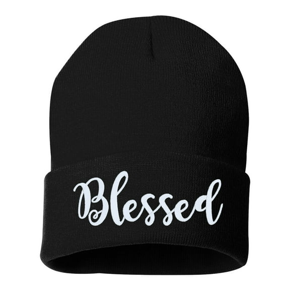 BLESSED Script Cuffed Embroidered Beanie Hat by STICKER DAD (Color: Black w/White Thread)