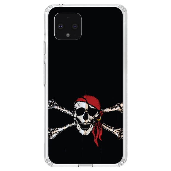 DistinctInk Clear Shockproof Hybrid Case for Google Pixel 4 (5.7" Screen) - TPU Bumper, Acrylic Back, Tempered Glass Screen Protector - Black Red Pirate Flag