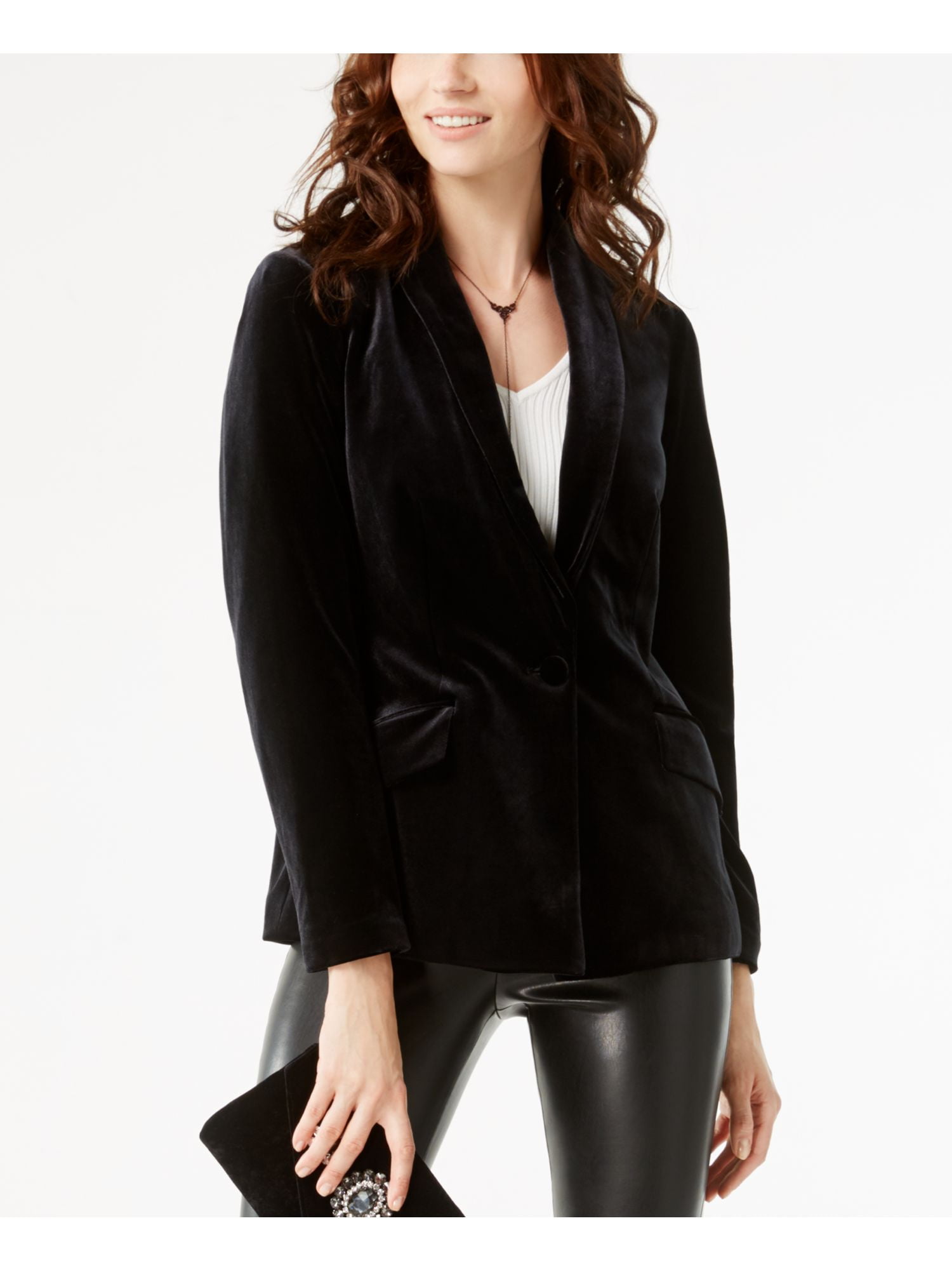 I-N-C Womens Velvet One Button Blazer Jacket