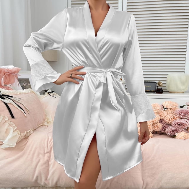 Karight Women's Satin Robes Ruffled Sleeve Silk Robe Short Kimono Bride Bathrobes Lace Trim Loungewear with Pockets