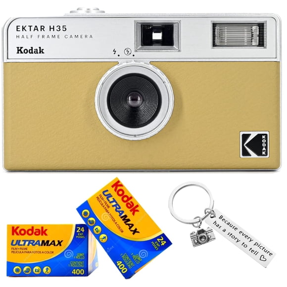 Kodak Ektar H35 Half-Frame Retro Camera Bundled with Kodak Ultramax 400 35mm Film (2 Rolls of 24 Exposures Each) Plus a Bonus Camera-Style Keychain (Sand)