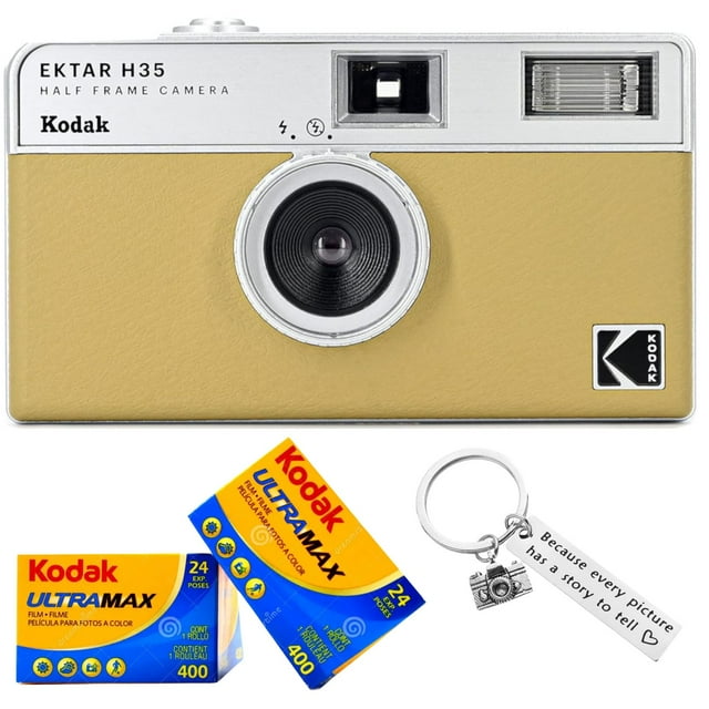 Kodak Ektar H35 Appareil Photo Rétro Demi-Cadre avec Film Kodak Ultramax 400 35 mm (2 Rouleaux de 24 Expositions Chacun) Plus un Porte-Clés Style Appareil Photo Bonus (Sable)