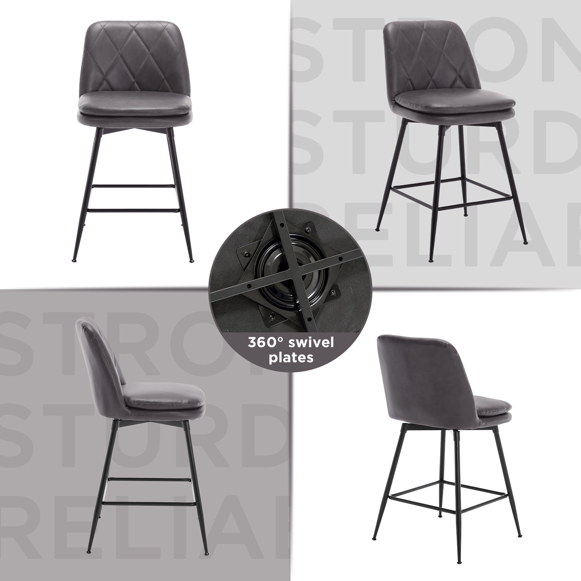 TEWLOSS 24" Counter Height Bar Stools Set of 2 Swivel Barstools Faux Leather Kitchen Chairs, Gray