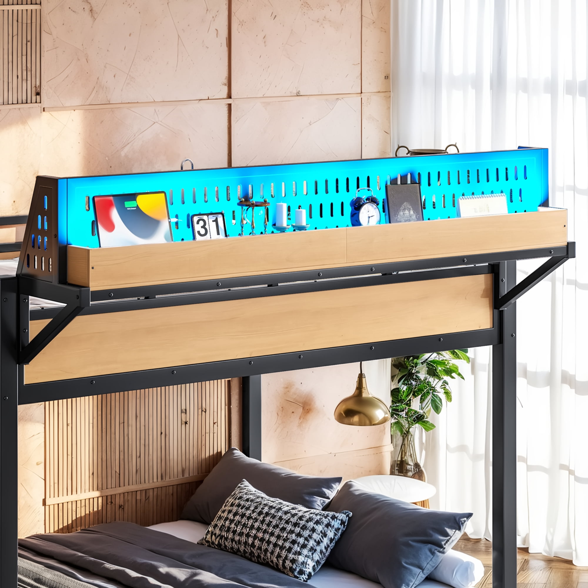 Leumius Metal Bunk Bed with Storage Shelves and Pegboard,Full over Full Size Bunk Bed Frame with USB Ports and LED Lights, Space-Saving,Natural