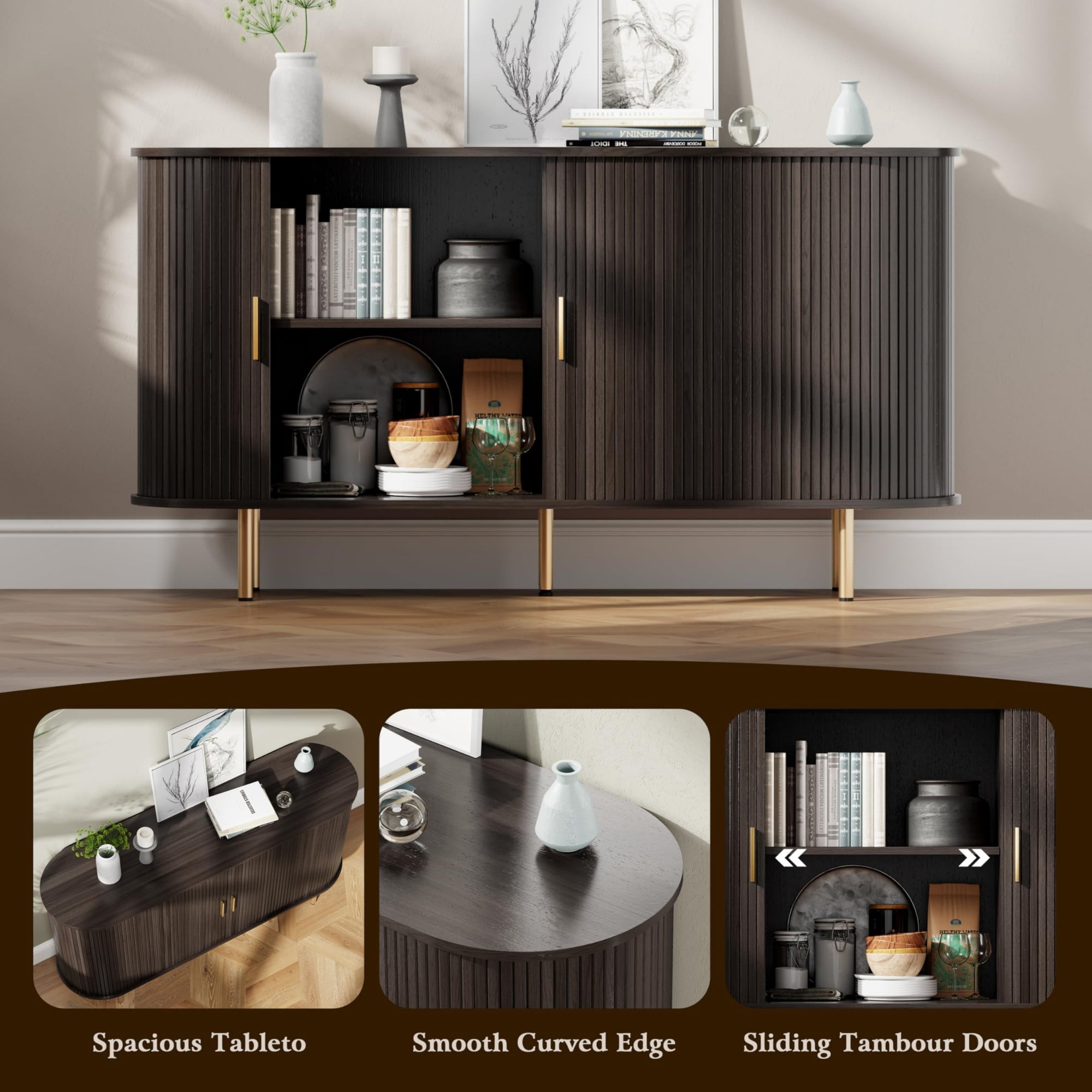 Mid Century Modern Sideboard Buffet Cabinet, 55 Inch Fluted Coffee Bar Console with Tambour Sliding Doors, Black