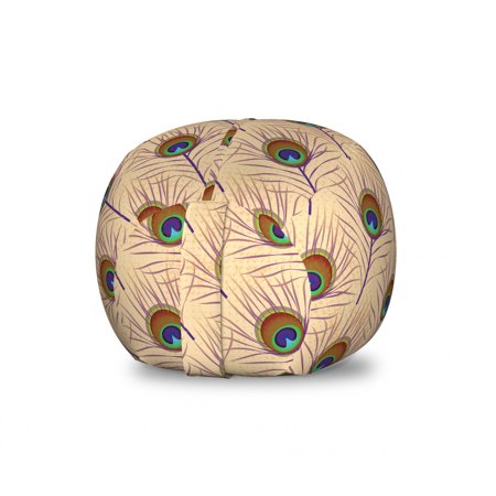Feather Storage Toy Bag Chair  Native Style Art of Diagonally Arranged Peacock Fluff Plumage  Stuffed Animal Organizer Washable Bag  Small Size  Pale Peach Multicolor  by Ambesonne