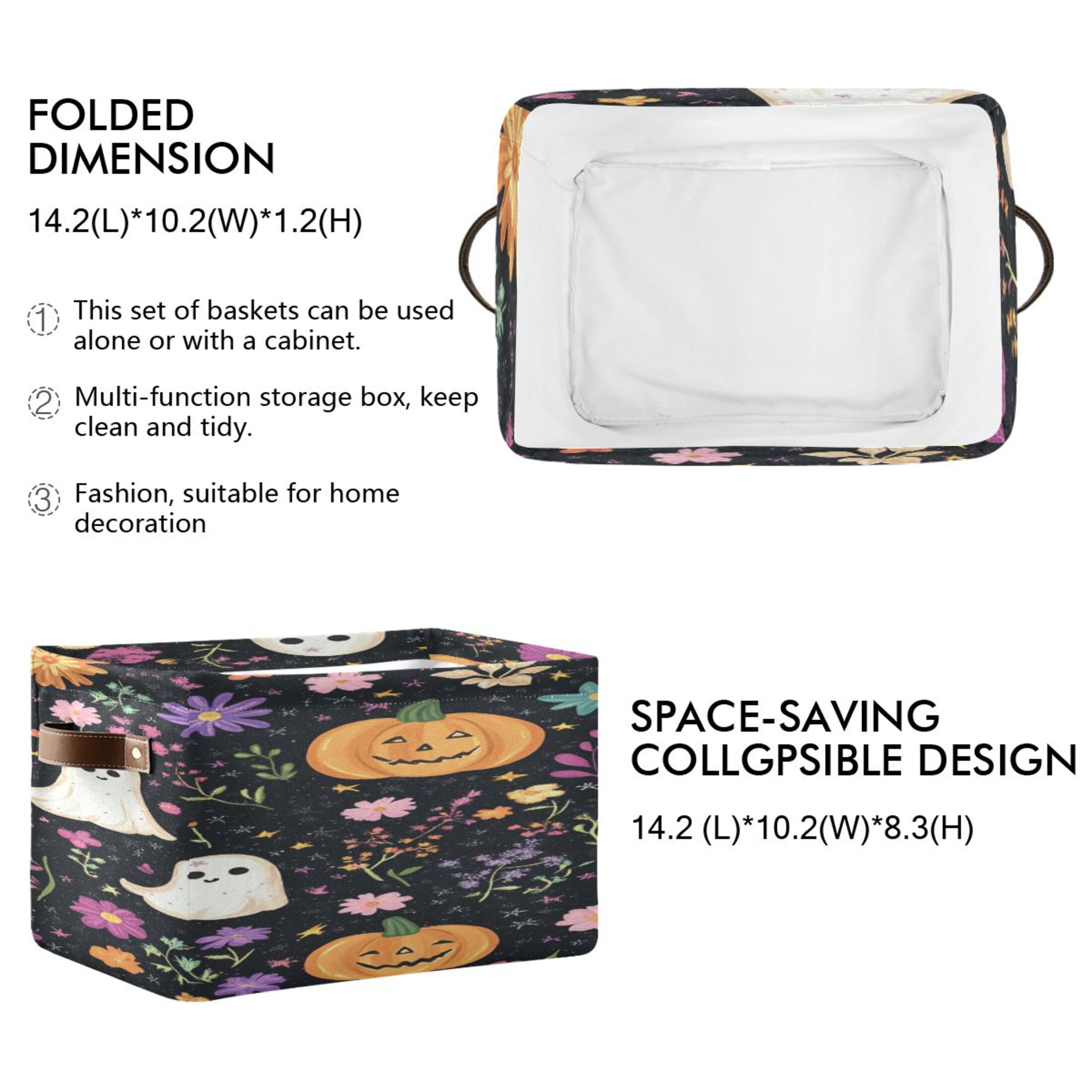 Halloween Specters Pumpkins Flowers Crayon Painting Square Storage Bins with Handles Collapsible Containing Box 2 Packs