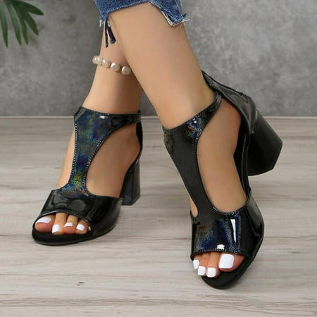 Special Savings Plus Size Roman Sandals  Fish Mouth High Heel  Thick Heel Hollow Back  Zipper Design  Sexy Fashion  Women s Casual Shoes  Comfortable for Daily Wear  Plus Size Leggings|Pu Blue