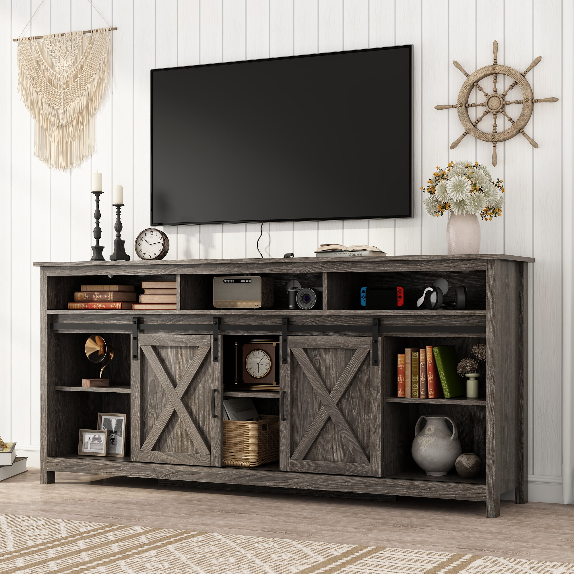 ANPOO Farmhouse TV Stand for 80 inch TVs, Rustic Entertainment Center TV Cabinet Stands with Power Outlets and LED lights