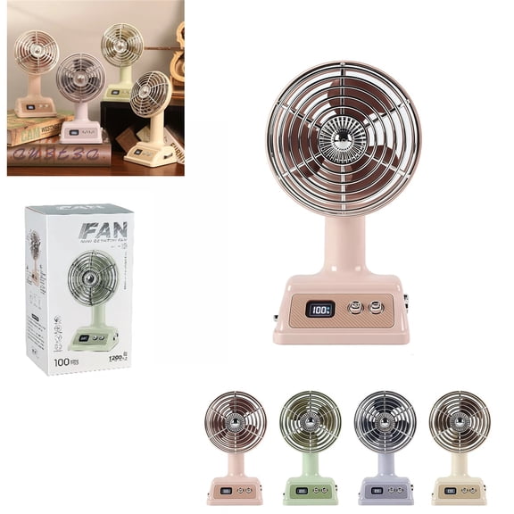 Retro Portable Table Fan, 100-Speed Digital Display, 90° Tilt USB Rechargeable Desk Fan with 1200mAh Battery, Compact Cooling Fan for Desktop, Office, Bedroom & Travel