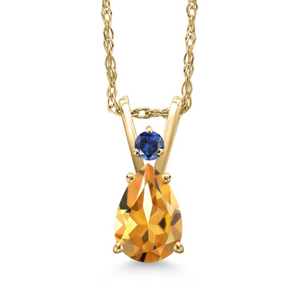Gem Stone King 14K Yellow Gold Yellow Citrine and Blue Created Sapphire Pendant Necklace for Women | 0.86 Cttw | Gemstone November Birthstone | Pear Shape 7X5MM | With 18 inch Chain