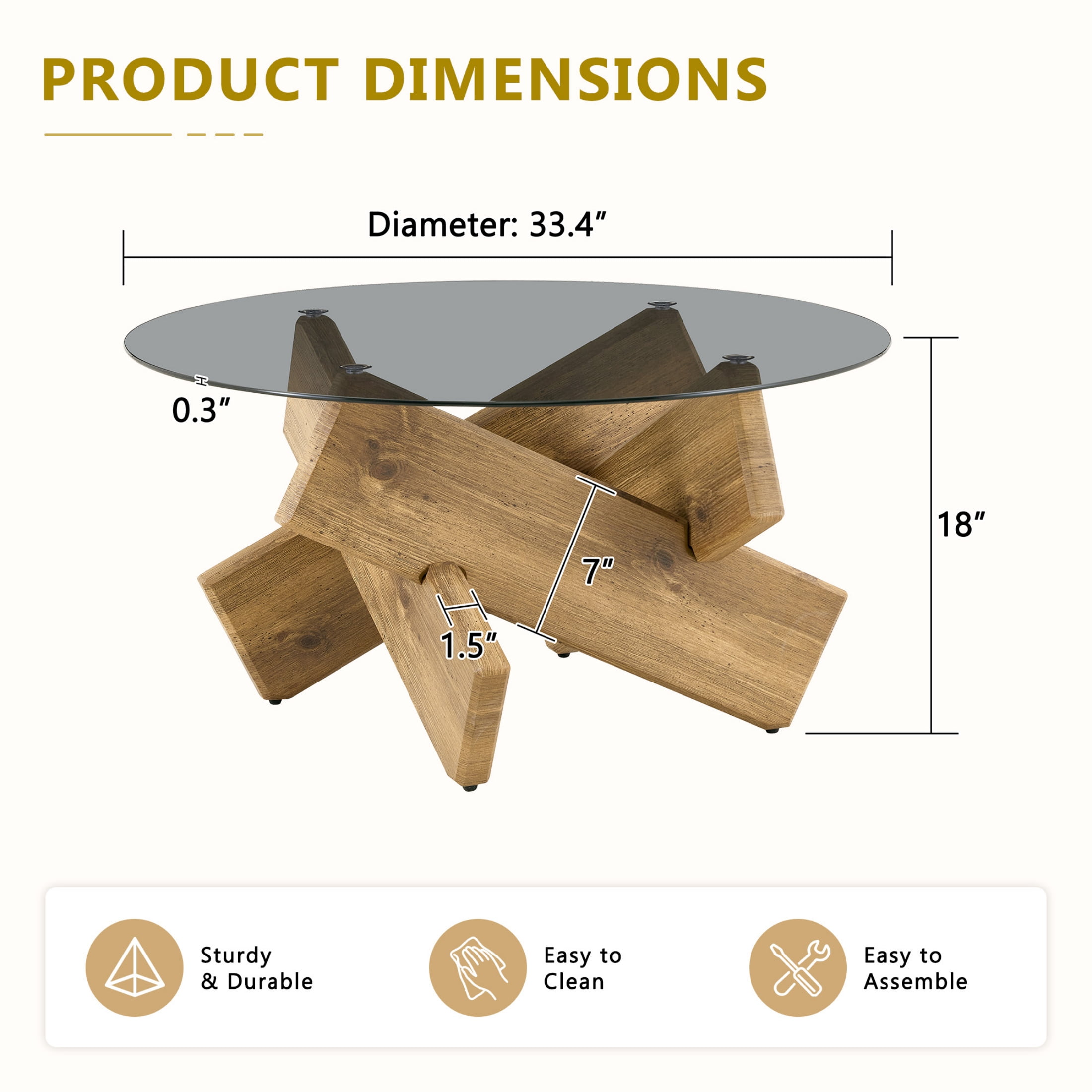 Vinform Round Coffee Table for Living Room, Gray Glass, Natural Wood