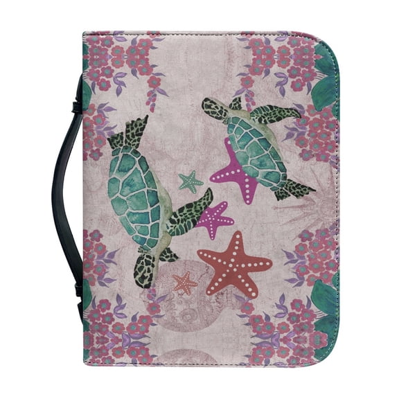 HELLHERO Sea Turtle Floral Print Bible Covers with Zipper Matching Bookmark Bible Case for Church, PU Leather Church Bible Bag for Prayer