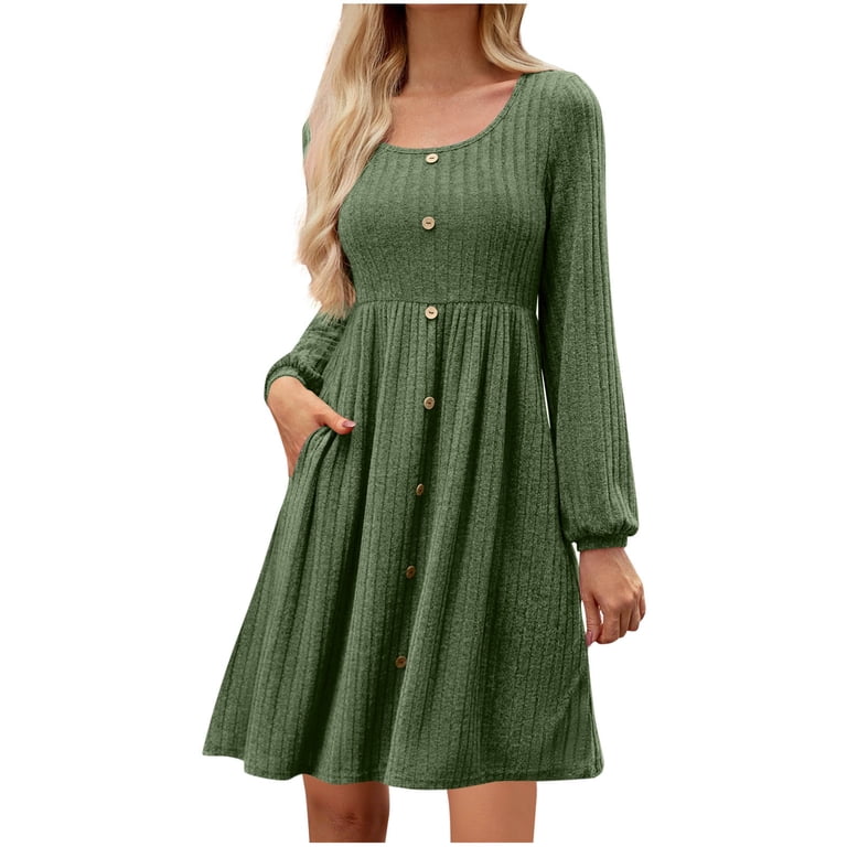 Winter Dresses for Women Solid Color Lantern Sleeve Midi Dress Round Neck  Pullover Button Pocket Dress Long Sleeve Knit Dress