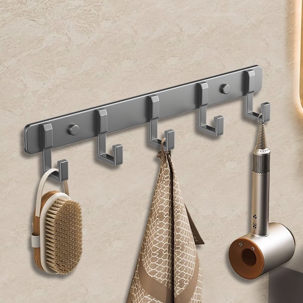 Gancho de Ropa Montado en la Pared | Instalación de adhesivo sin perforación | Organizador de Cocina para Puerta de Baño | Aleación de aluminio espacial | Gris | Porta toallas para sombrero de alta