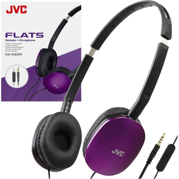 JVC Violet Flat Foldable Colorful Flats On Ear Headphones with Remote and Microphone, 3.94 Foot Gold Plated 3.5mm Slim Plug - HAS160MV