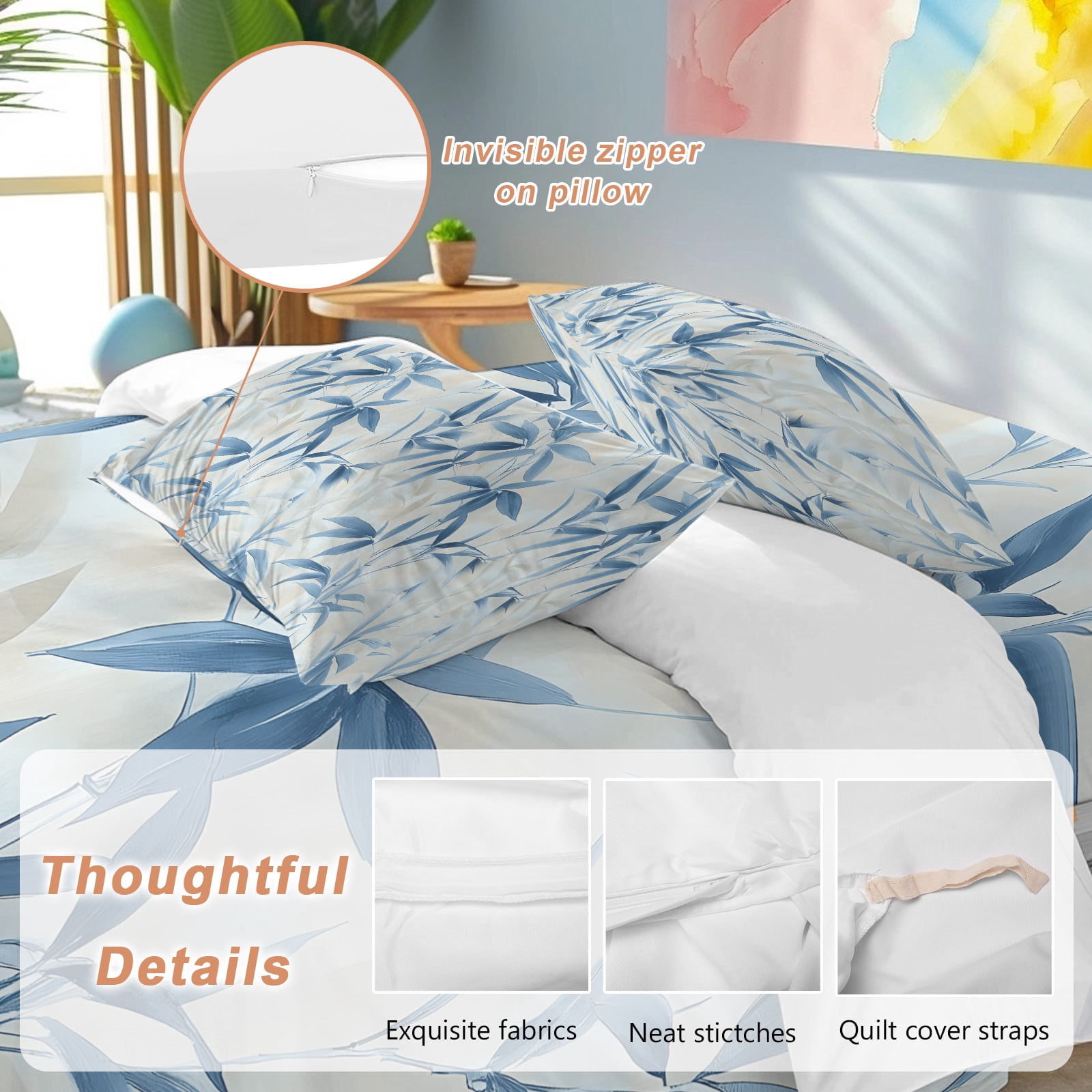Abstract Bamboos Leaf Queen Duvet Cover Set, Blue Branches Leaves Watercolor 4 Piece Microfiber Bedding Set with Zipper Closure, Bed Sheet and 2 Pillow Shams, Soft Bedding Cover