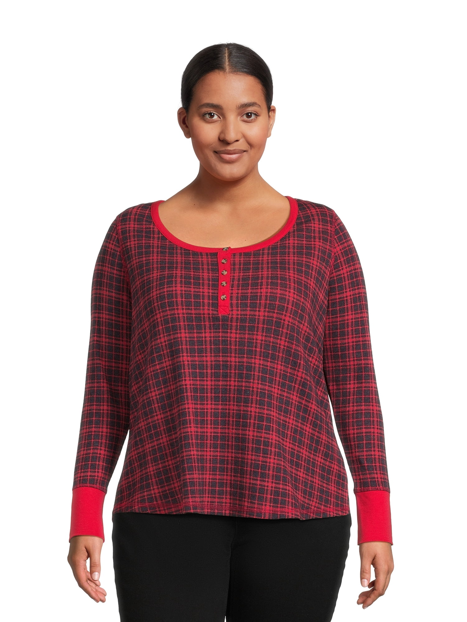 Terry & Sky Women’s Plus Size Henley Waffle Tee with Long Sleeves, 2- Pack