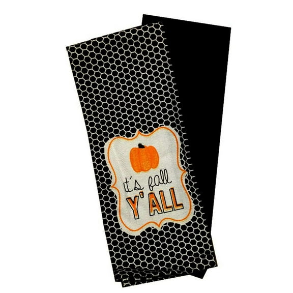 2 Pack, Pumpkin Sentiment It's Fall Y'all Haxagon Fall Design 100% Cotton Kitchen Towels Size: 16 x 28 Inch.