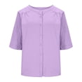 thumbnail image 5 of Women's Button Up V Neck Loose Fit Shirt Blouse Top Casual Longline Tunic Solid Color Business Casual Summer Fashion | CSEONE,Purple L, 5 of 6