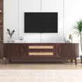 thumbnail image 4 of Farmhouse TV Stand for TVs up to 75 Inches, Rattan Entertainment Center with Solid Wood Legs and Sliding Doors, Media Console for Living Room, Natural Wood and Brown, 4 of 16