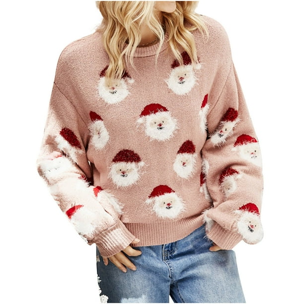 Suéteres Navideños Para Mujer Suéter de Punto Suelto Moda Santa Imprimir Manga Larga O-Cuello Top Odeerbi ODB207741