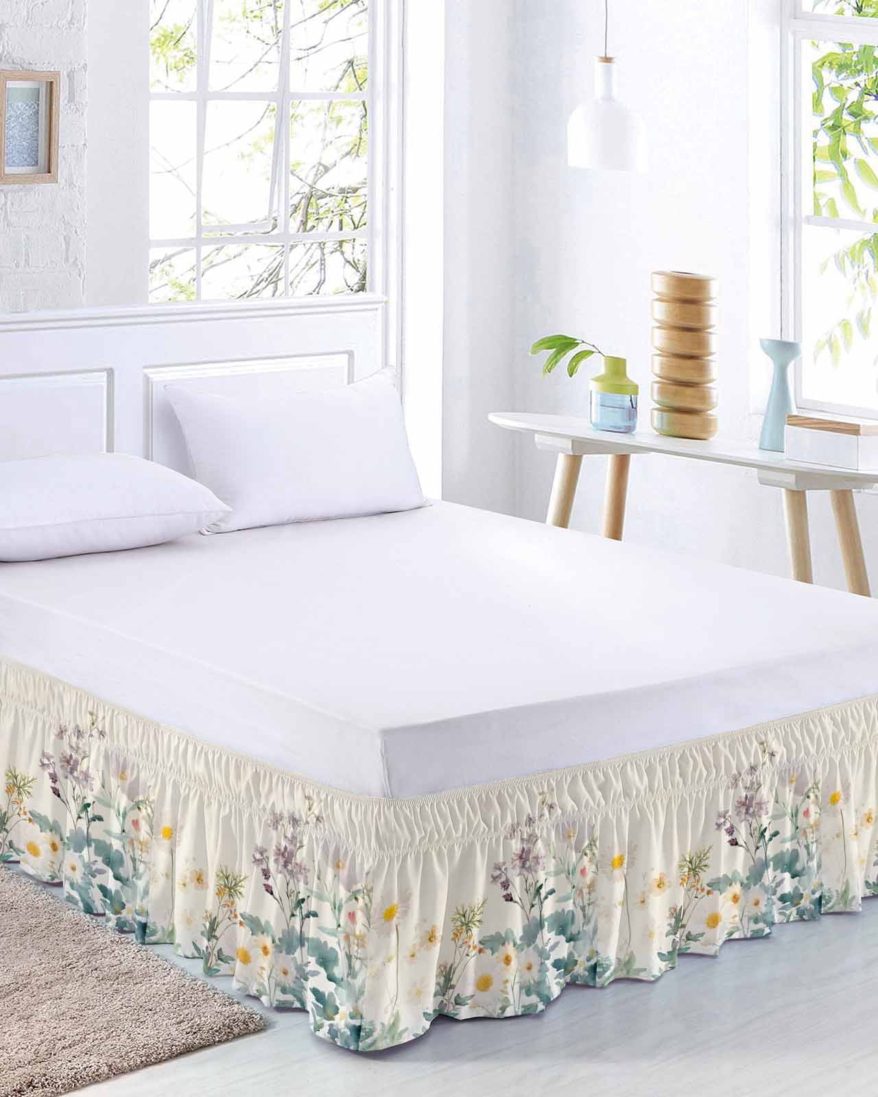 Watercolor Spring Floral Bed Skirt Queen Size,Farmhouse Daisy Green Botanical Wrap Around Bed Skirting with Adjustable Elastic Strap,Dust Ruffle Pleated Bedskirts 16 Inch Drop for Bedroom Queen Beds