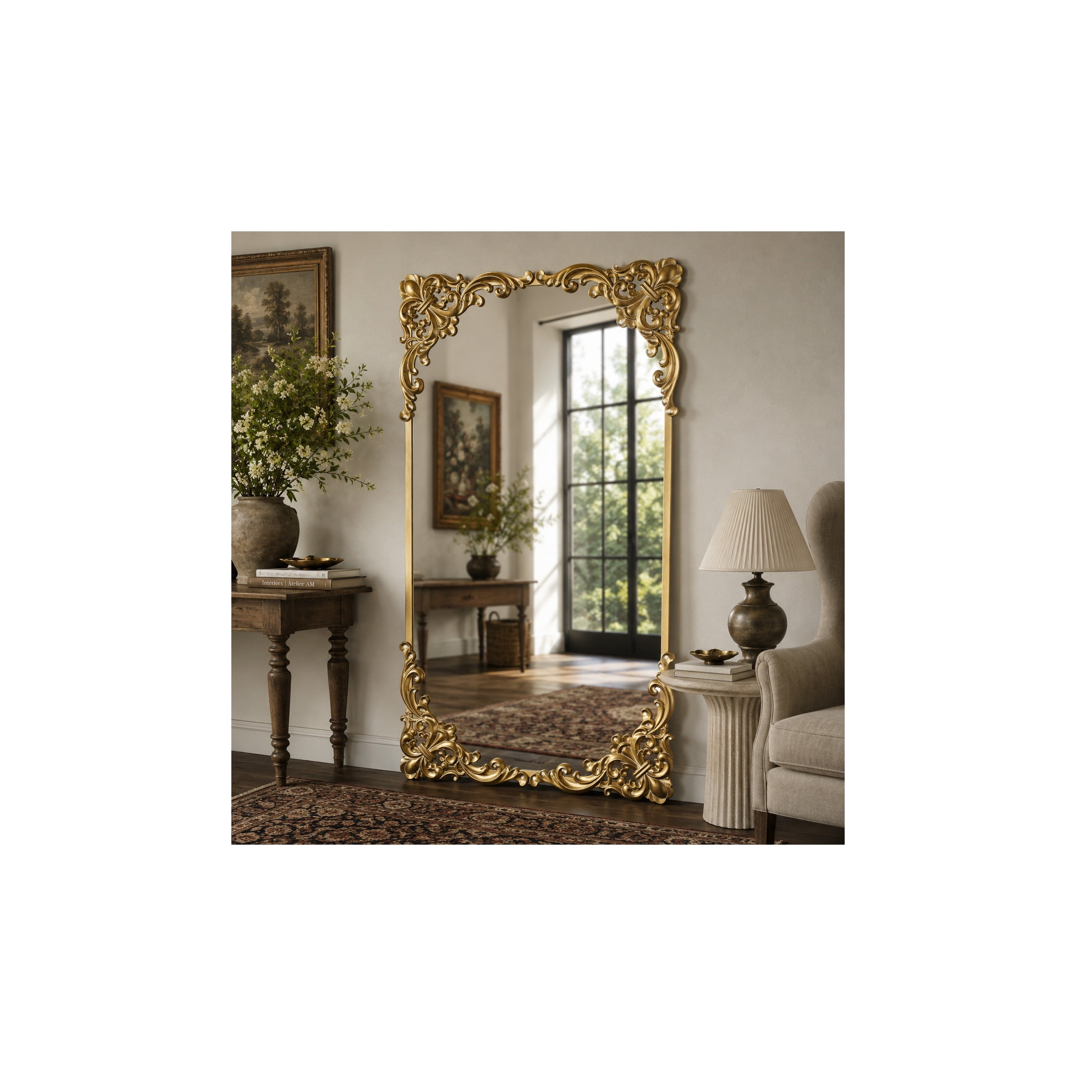DecMode 42" x 72" Gold Metal Scroll Tall Ornate Baroque Floor Mirror