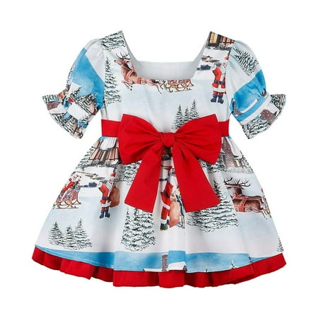

Toddler Baby Girls Christmas Dress Printed Bowknot Short Sleeve Princess Dress Kids Holiday Christmas Outfit Clothes