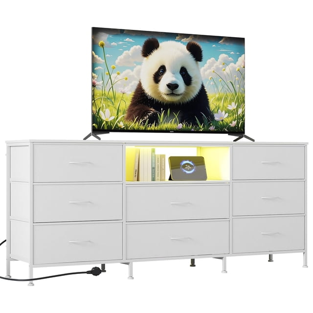 Yeshouse Mueble para TV de 63" con 8 cajones de tela e iluminación LED, estructura de acero y amplio almacenamiento para televisores de hasta 75", ideal para sala o dormitorio