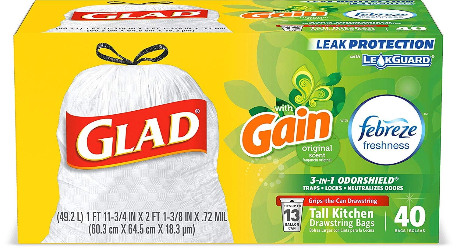 Glad Tall Kitchen Drawstring Trash Bags OdorShield 13 Gallon White