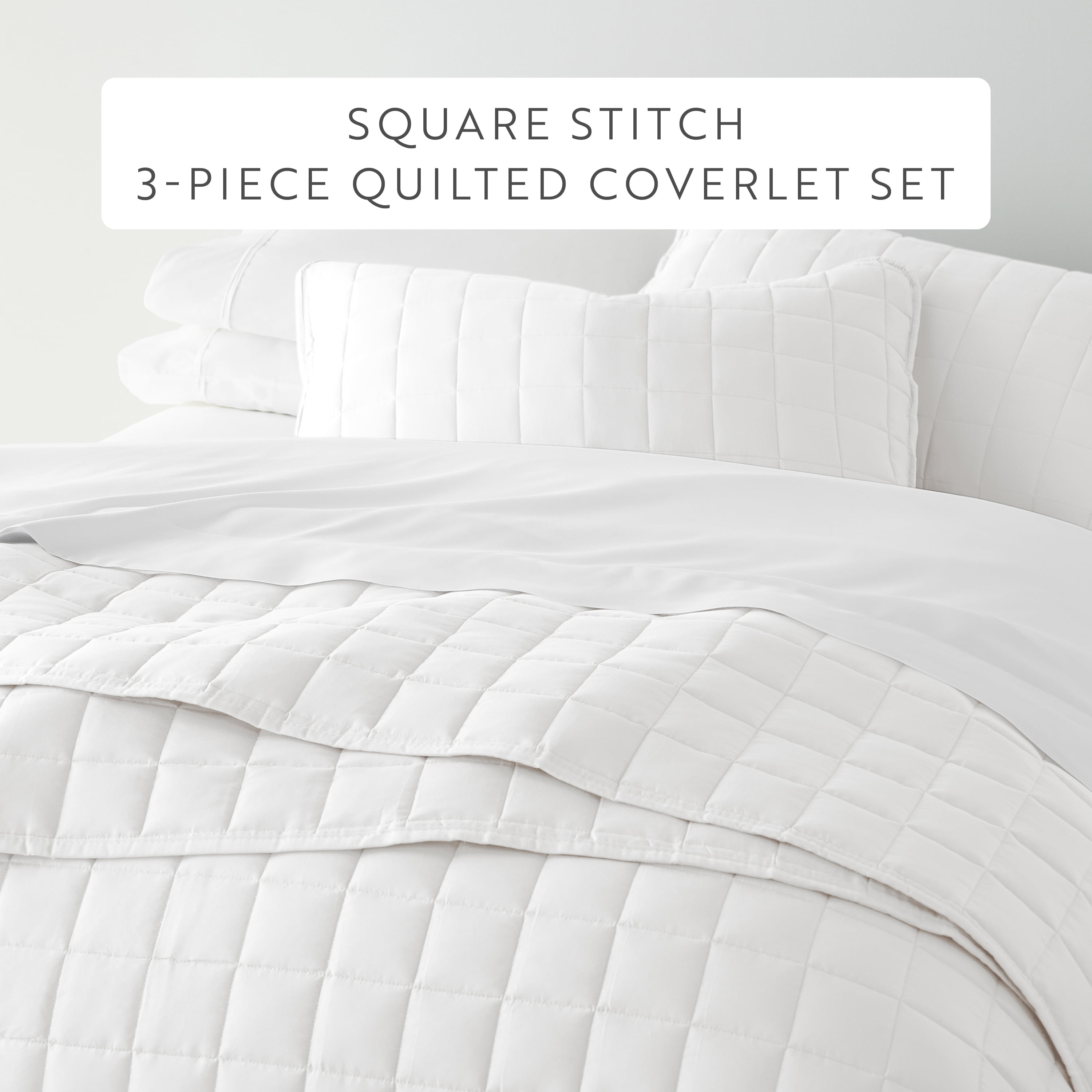 Noble Linens White Square Pattern Quilted Coverlet Set, Full/Queen