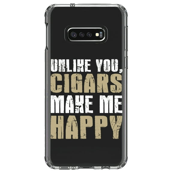 DistinctInk Clear Shockproof Hybrid Case for Samsung Galaxy S10e (5.8" Screen) - TPU Bumper Acrylic Back Tempered Glass Screen Protector - Unlike You, Cigars Make Me Happy