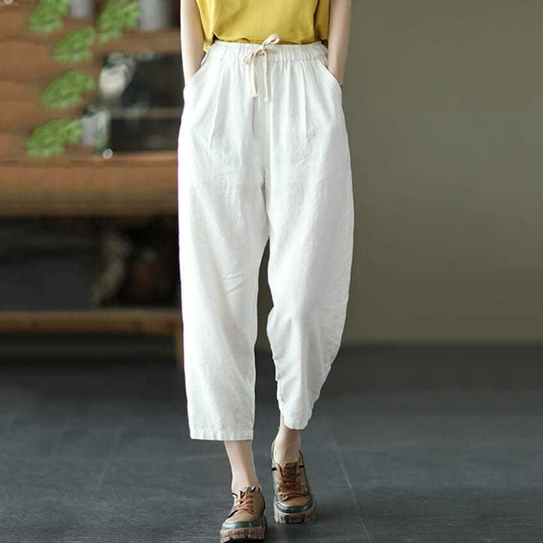 Women Cotton Wave Point Elastic Waist Side Pockets Trouser Pants