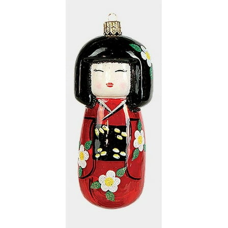 Red Floral Japanese Kokeshi Doll Polish Glass Christmas Ornament Decoration