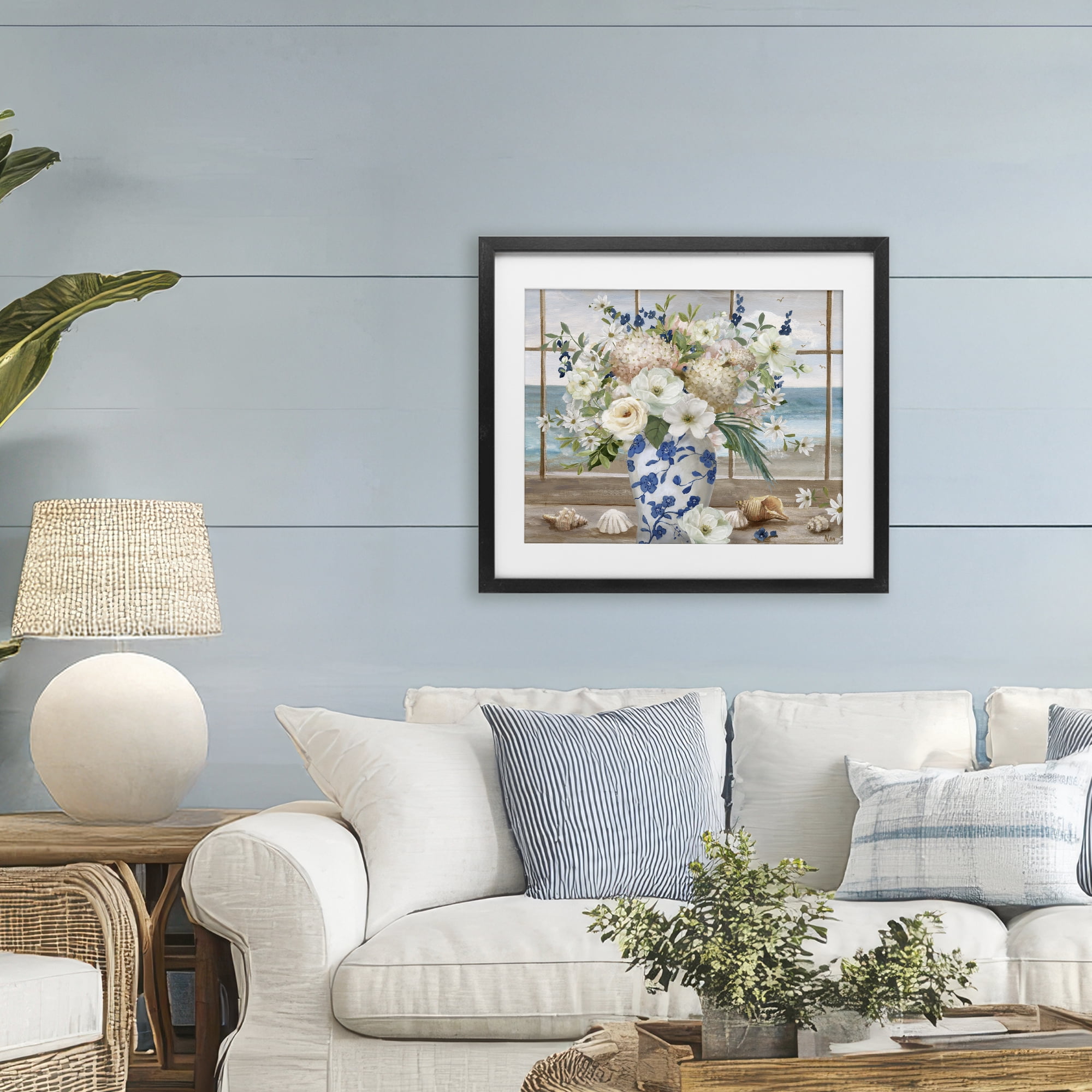 Stupell Industries Seashells & Flowers Windowsill Black Framed Print Under Glass, design by Nan