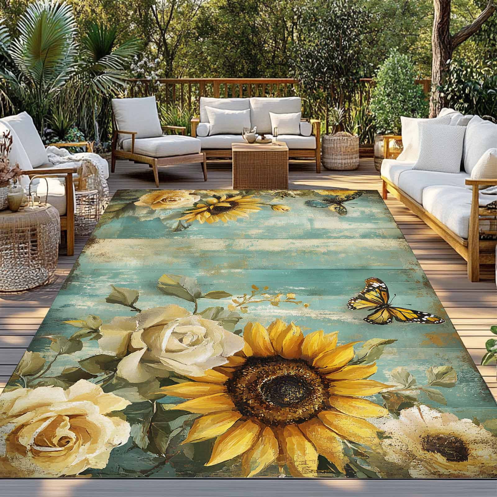 5' x 8' Outdoor Rug, Spring Sunflower Rose Outdoor Washable Rug Large Floor Carpet, Butterfly Teal Wood Vintage Non Shedding Area Rug for Outside Patio RV Porch Deck Balcony Camping Living Room