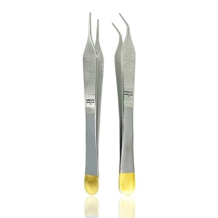 

Cynamed Set of 2 Adson Dressing Serrated Forceps 6 in. Straight and Curved Tips Gold Ends